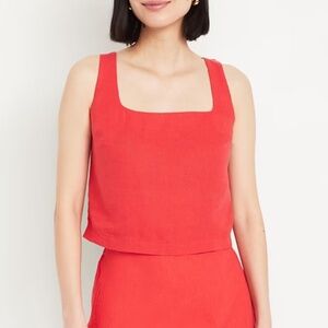 Old Navy Bright Coral Red Cropped Square-Neck Linen-Blend Top